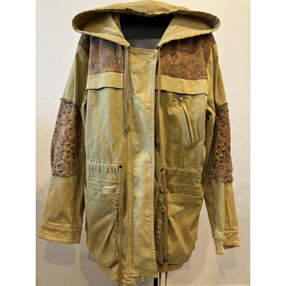 Free People Crafted Cloth Tapestry Jacket Khaki Green Textile Full Zip Coat sz L - Picture 2 of 5